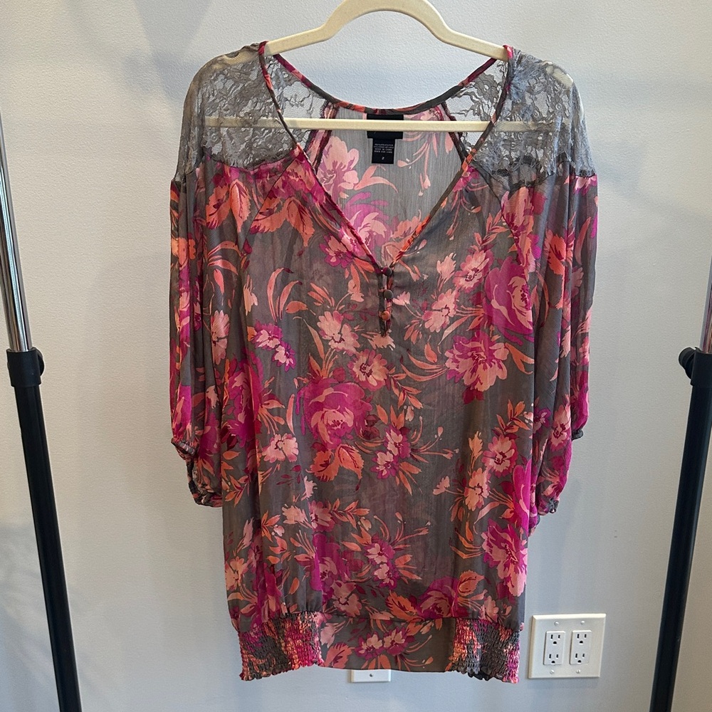 Torrid Pink and Gray Floral Blouse